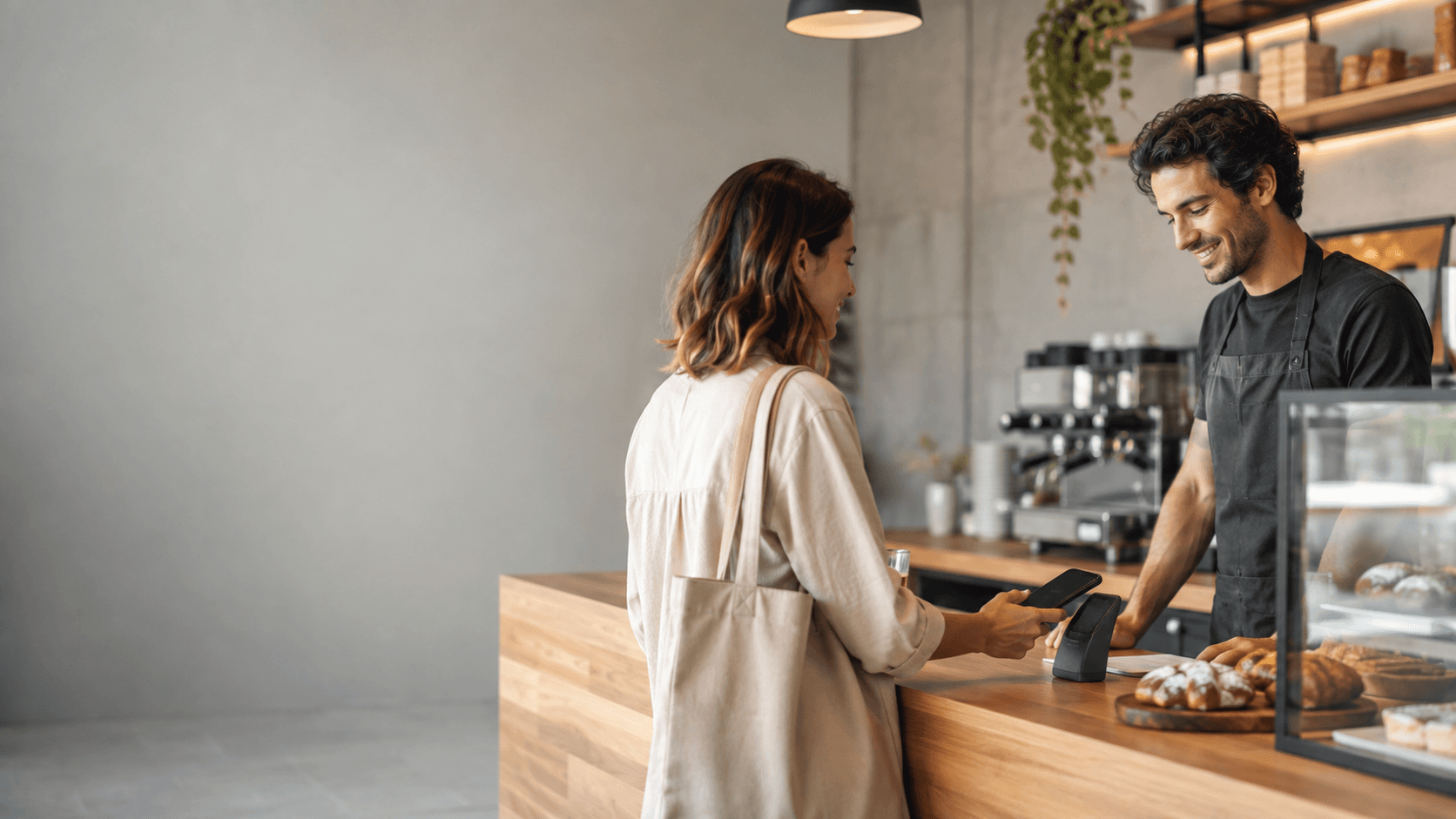 Une cliente approche son téléphone d'un terminal pour accéder à sa carte de fidélité en boulangerie