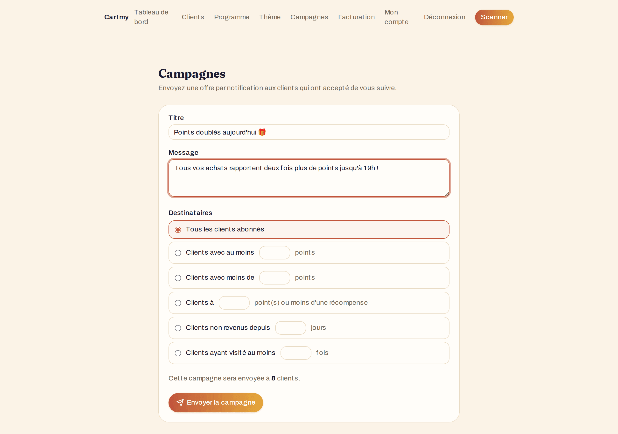 Interface de création d'une campagne Cartmy, avec le nombre de destinataires calculé avant l'envoi