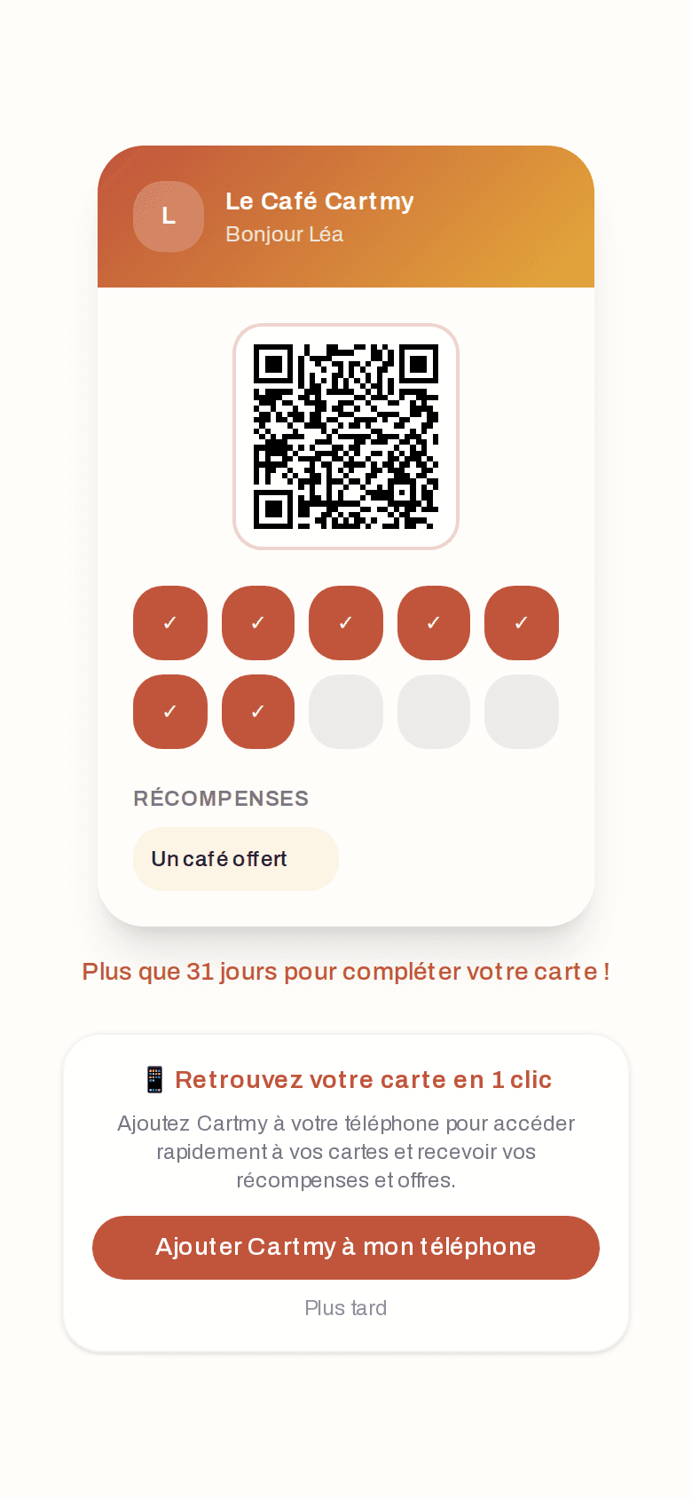 La carte de fidélité d'un client sur son téléphone, avec l'invitation à ajouter Cartmy à l'écran d'accueil