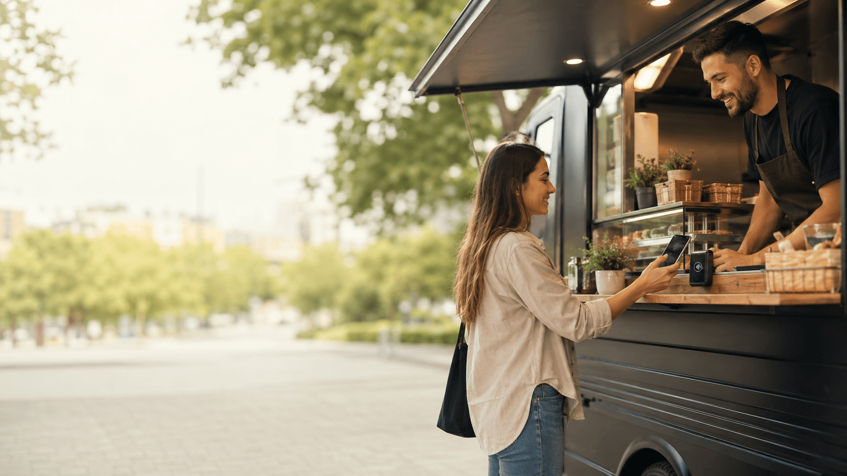 Une cliente paie avec son téléphone à la fenêtre d'un food truck